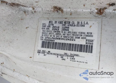 1997 Ford Thunderbird Lx из США, поврежденный, VIN 1FALP62W8VH124321